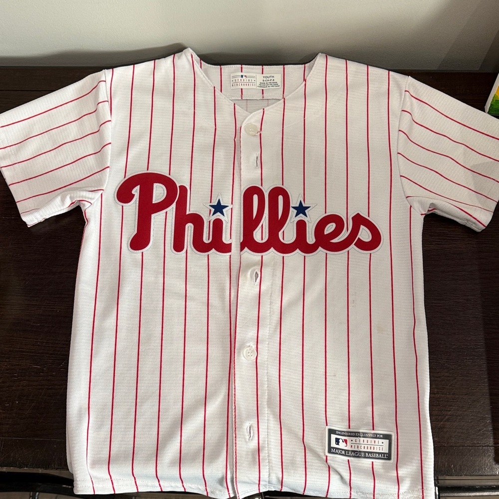 Majestic Phillies Pinstripe Button-Front Jersey - White & Red